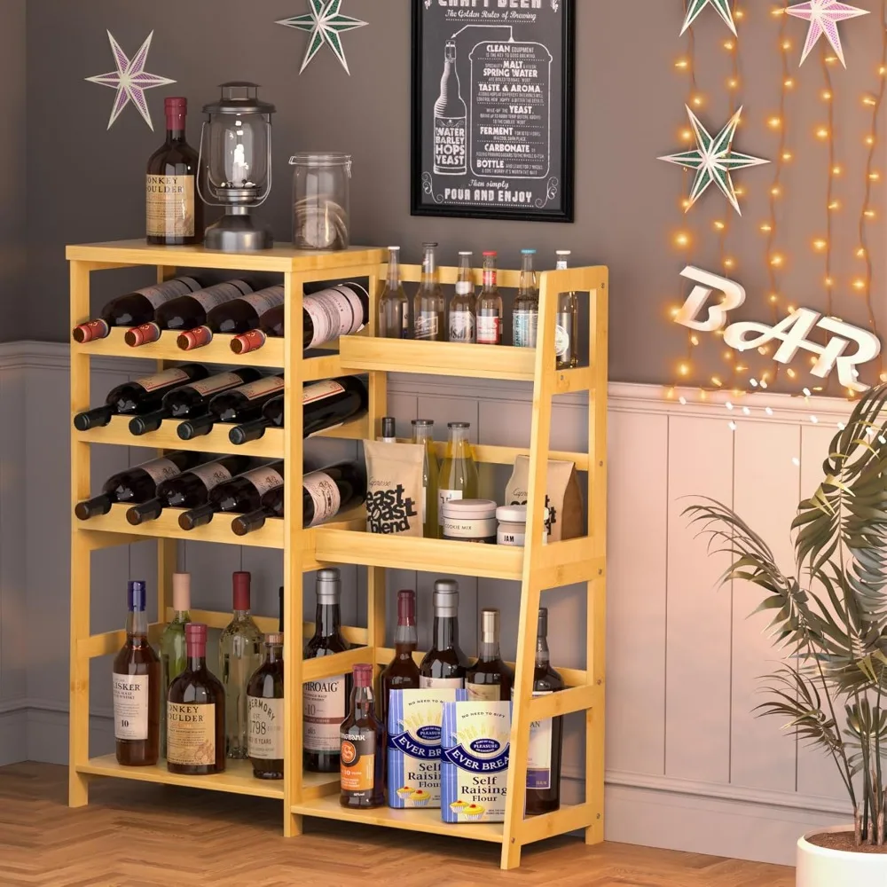 حامل بار منزلي متعدد الاستخدامات مع رف نبيذ شبه منحرف من الخيزران وطاولة صغيرة لعرض زجاجات الخمور على الأرض