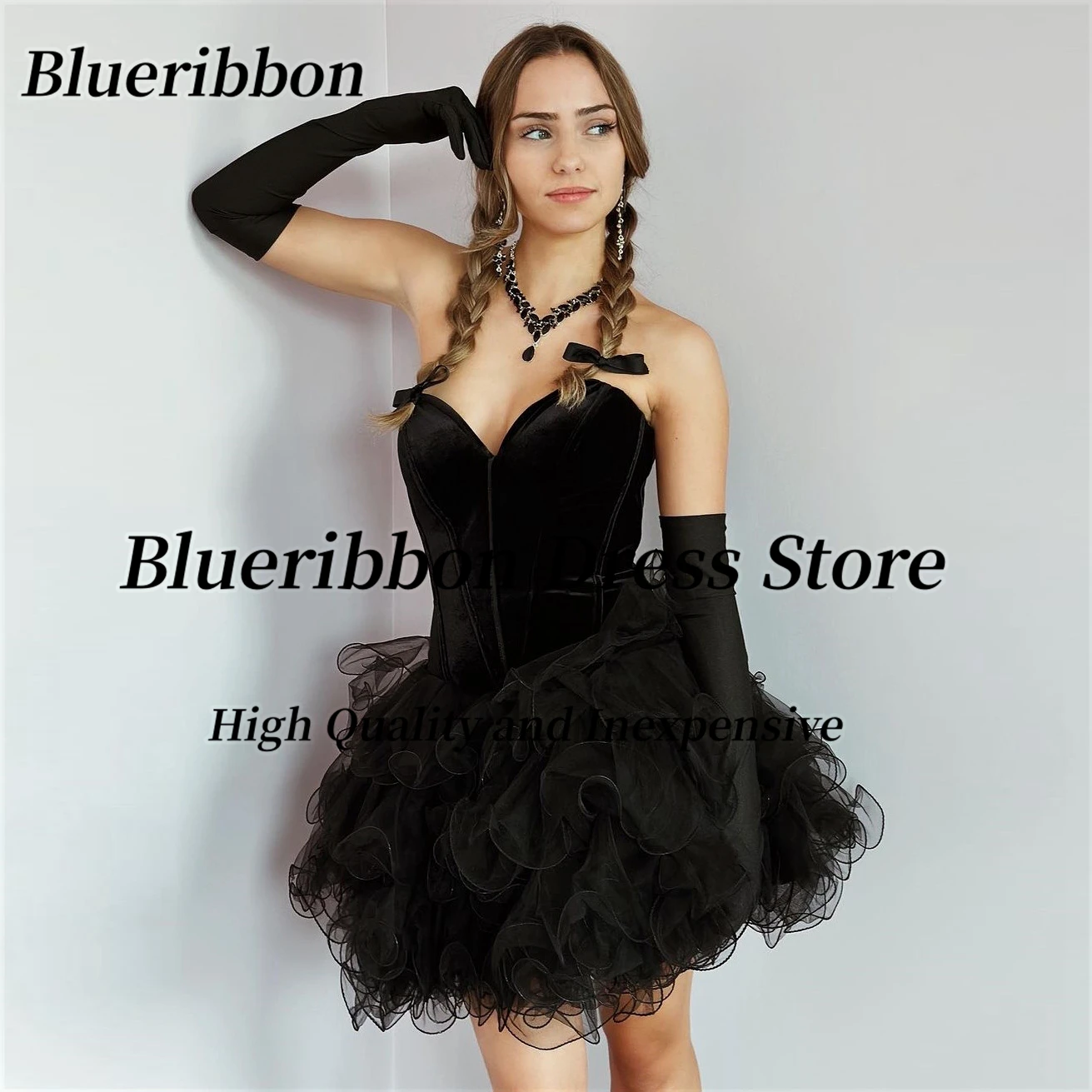 Blueribbon 2024 Black Homecoming Dresses Sweetheart Sexy Back Cocktail Party Dress Rufles Tulle Short Prom Gowns