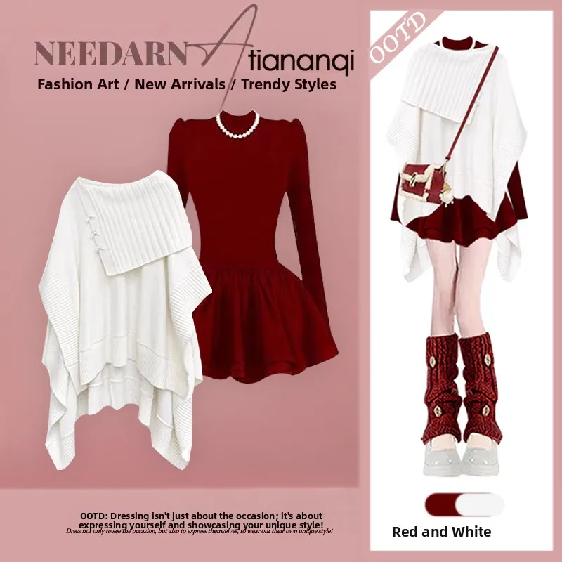 

Anti-Aging Autumn Fashion Knitted Slim Fit Women's Set Irregular Design Sweater And Dress Two-Piece Ensemble Elegant Style