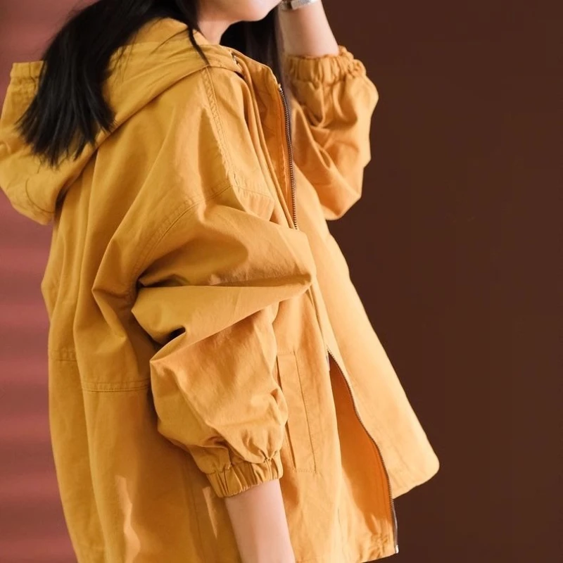 

​2025 Spring Fall Women's Casual Jacket with Drawstring Closure Loose Knit Hooded Coat for Everyday Outfits​