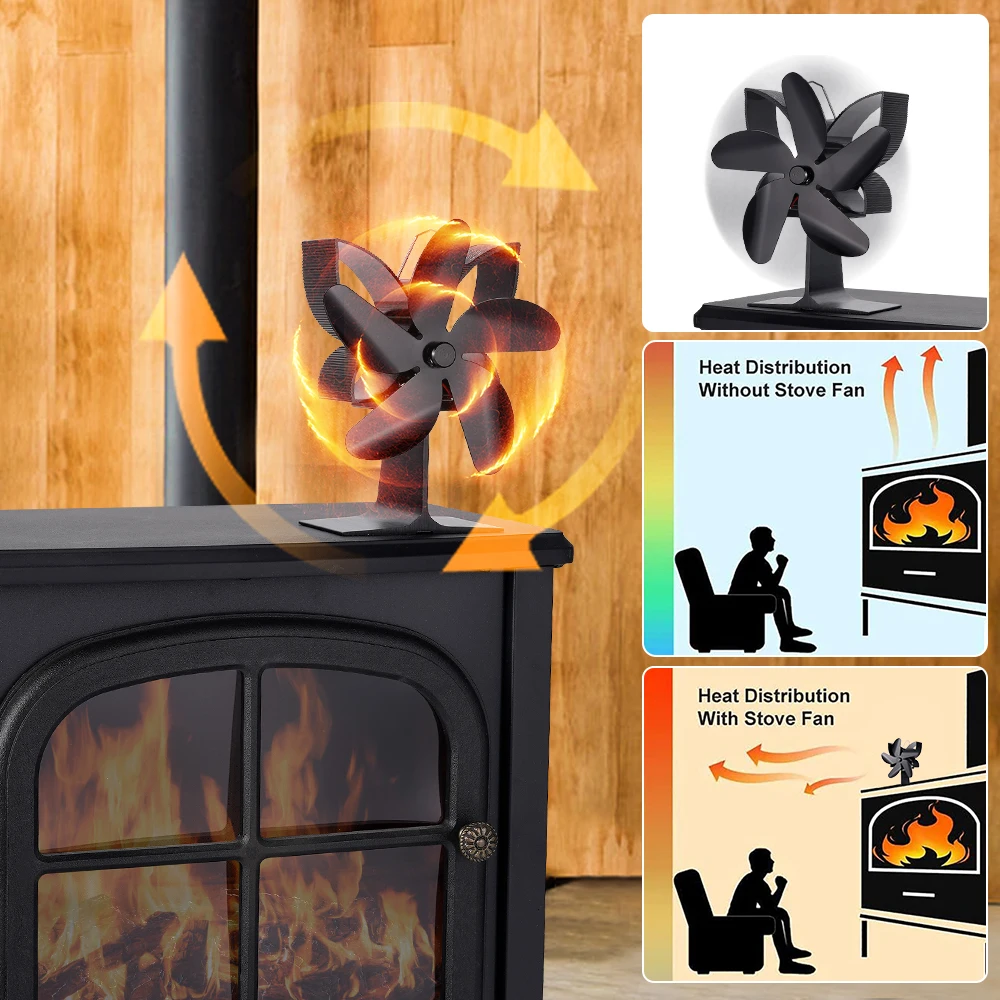 Black Stove Fan 5 Blade Heat Powered Fireplace Fan Log Wood Burner Eco Quiet Stove Fan Heater Home Efficient Heat Distribution