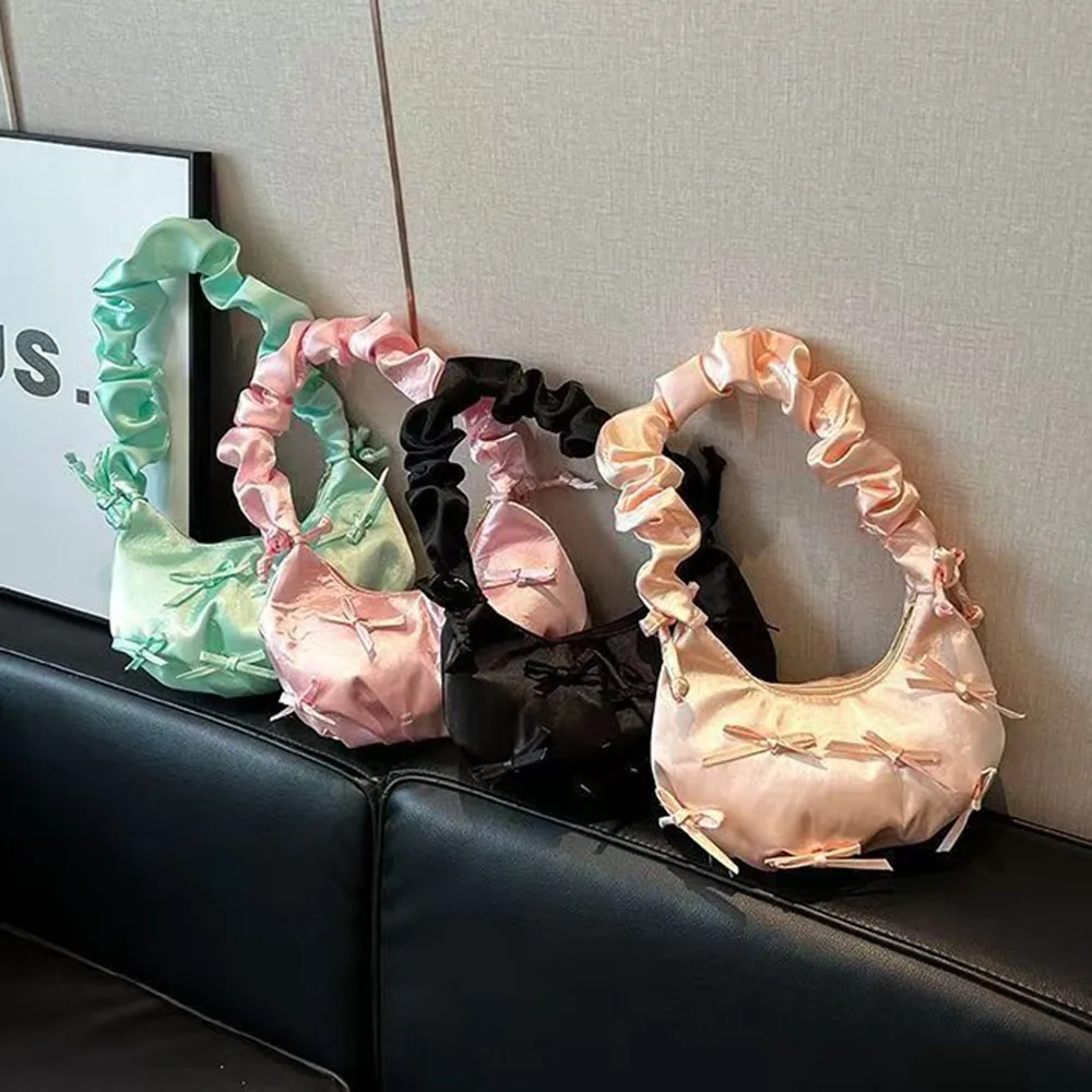 

Portable Y2k Bow Pleated Armpit Bag Korean Style Ruffle Bowknot Shoulder Bag Casual Sweet Women Underarm Handbag Daily