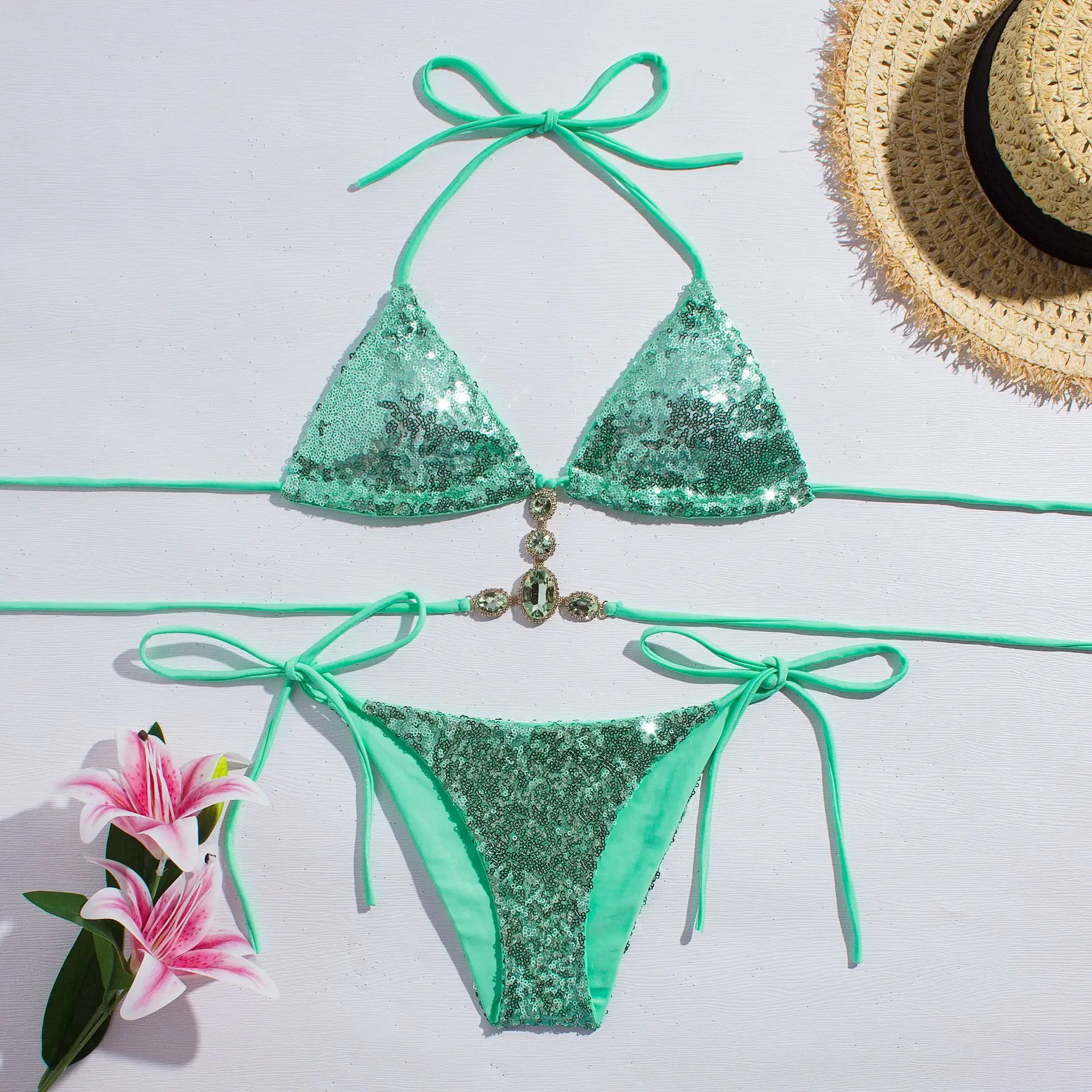 sexy rhinestone glitter sequin halter back tie bikinis sets two pieces thong swimsuits bathing suit swimwear biquini tankini