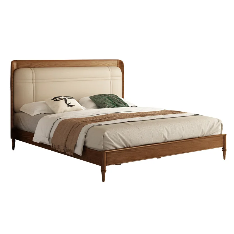 

Medieval style full solid wood bed master bedroom oak small apartment soft bag American furniture retro cream