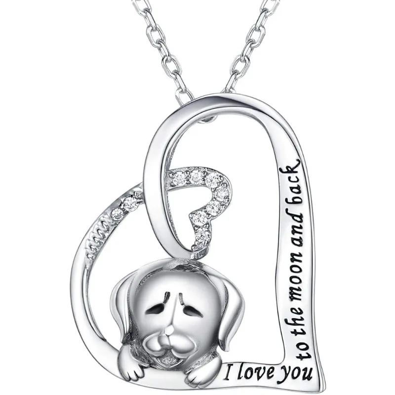 

Girls Heart Charm Necklace 925 Sterling Silver "I Love You to the Moon and Back" Quote Engraved Pendant Cute Dog Necklaces