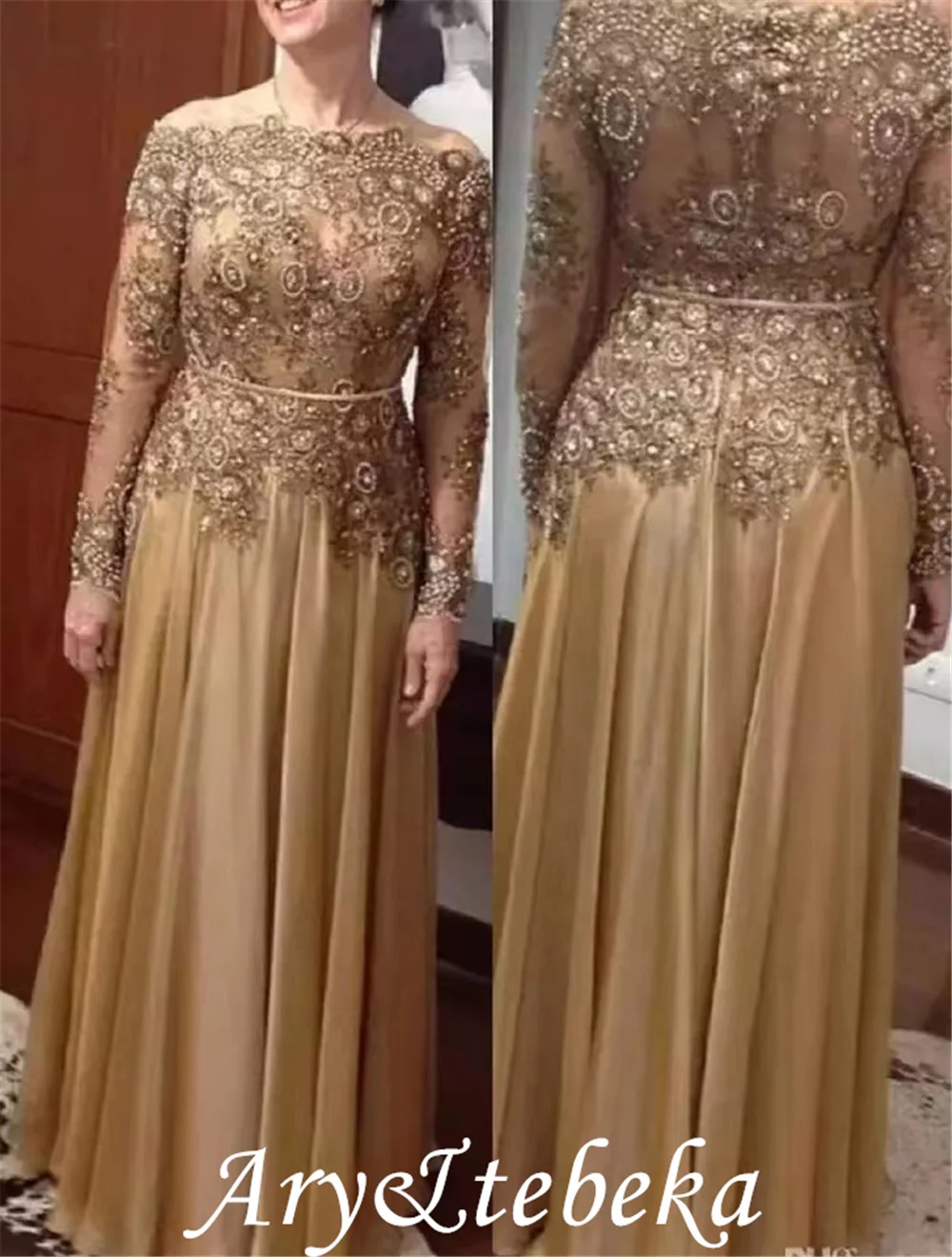 Gaun Ibu dari Pengantin Ukuran Plus Gaun Pesta Malam Sifon Kristal Manik-manik A-Line Lengan Panjang Robe De Soiree