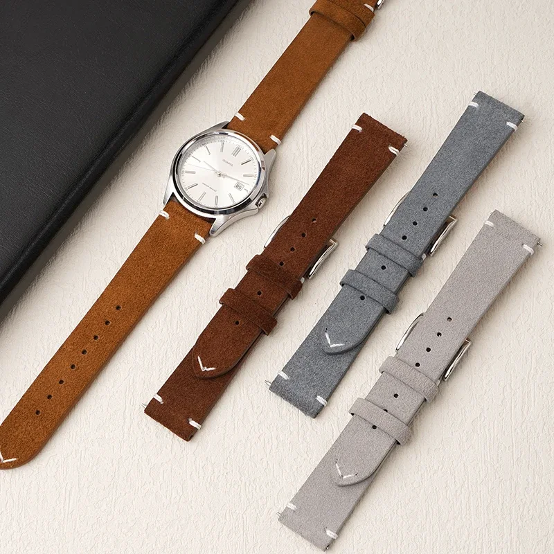 Vintage Brown Suede Strap 20mm 22mm Women Men Quick Release Handmade Genuine Leather Smart Watch Band for Huawei GT 4 MoonSwatch