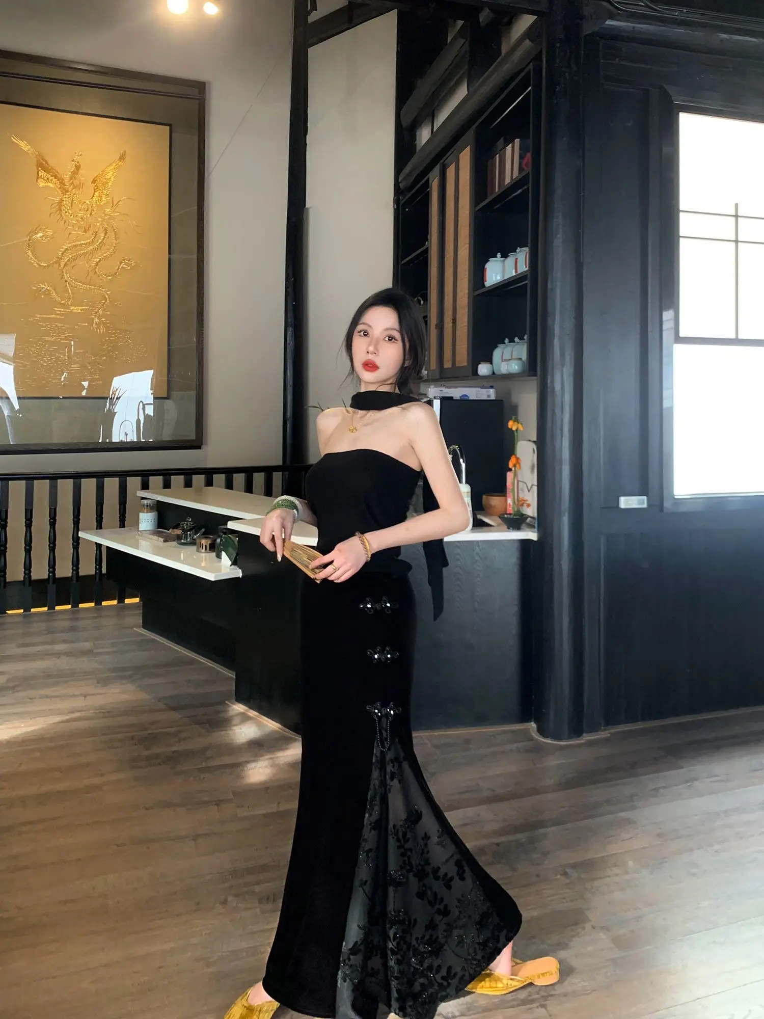 Jupes de Style chinois noir doux Vintage jupe femmes longues jupes droites en queue de poisson pour femmes taille haute haute rue automne TS533