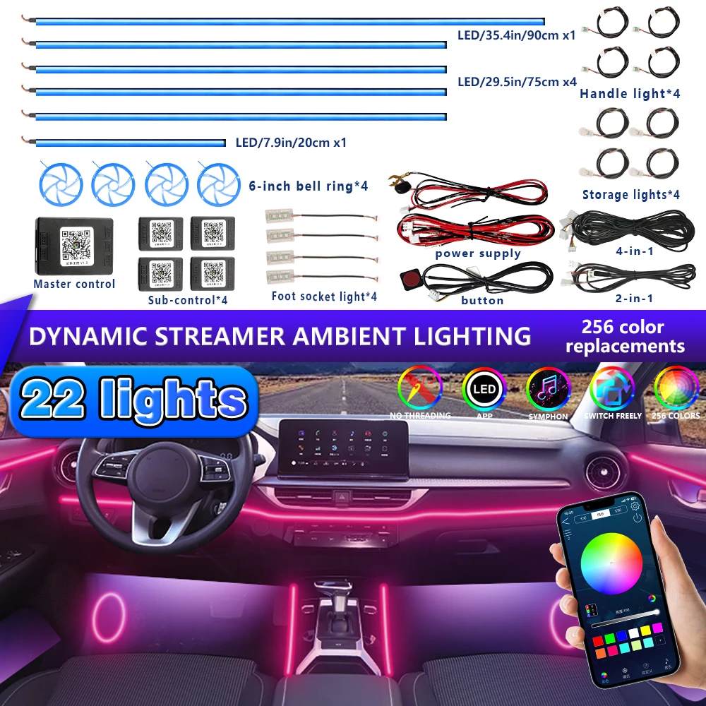 

Декоративный окружающий свет для салона автомобиля RGB, 64-цветный светодиодный комплект для быстрого установки