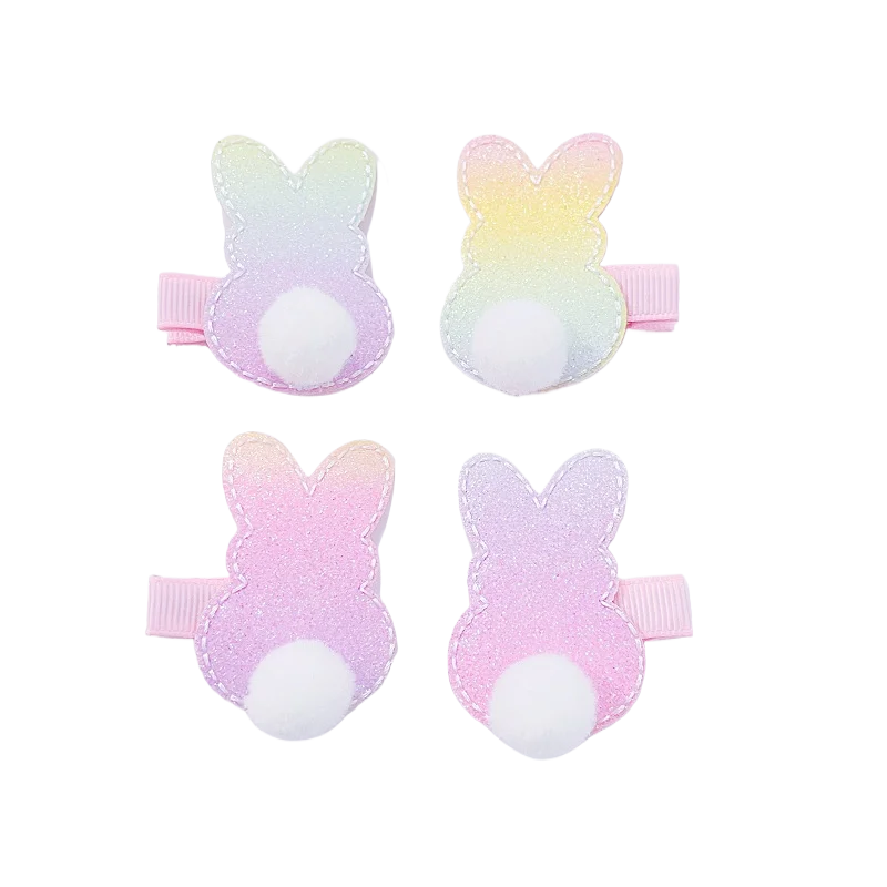 10Sets Glitter Gradient Rainbow Color Bunny Hairpins PomPom Tail Rabbit Barrettes Easter Headwear Boutique Hair Accessories