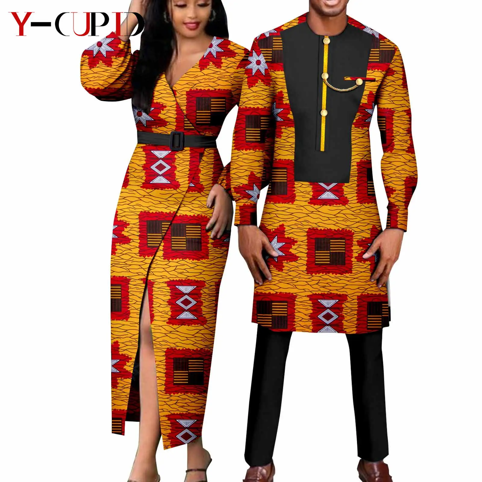 

Dashiki African Suits for Men Long Top and Pant Sets Matching Couple Outfits Bazin Riche Sexy Women Split Print Dresses Y23C016