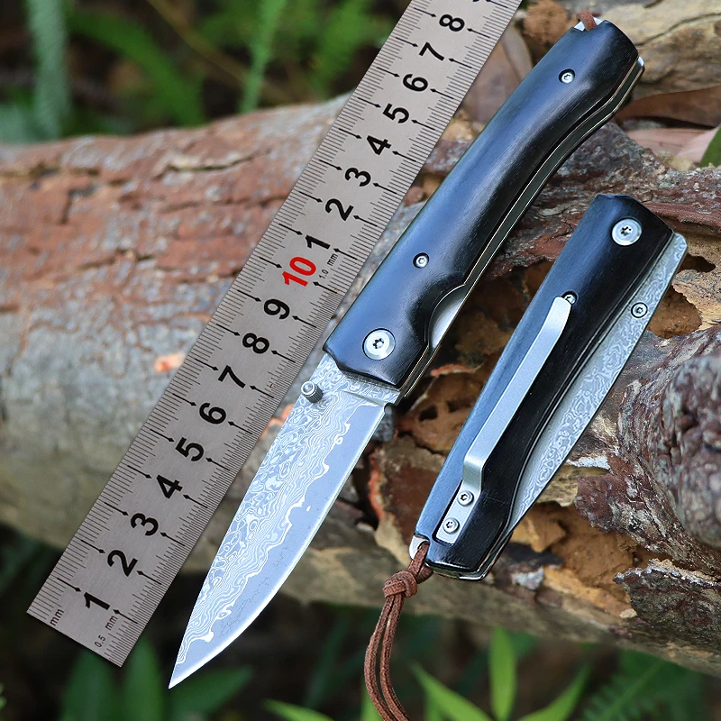 VG10 steel Damascus blade high hardness ebony handle camping pocket folding knife survival tactics EDC fruit knife