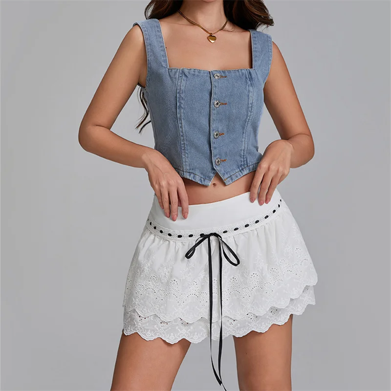 Women Fashion Denim Vest Sleeveless Boat Neck Button Down Crop Vest Jean Tank Top Slim Backless Smocking Vest Streetwear