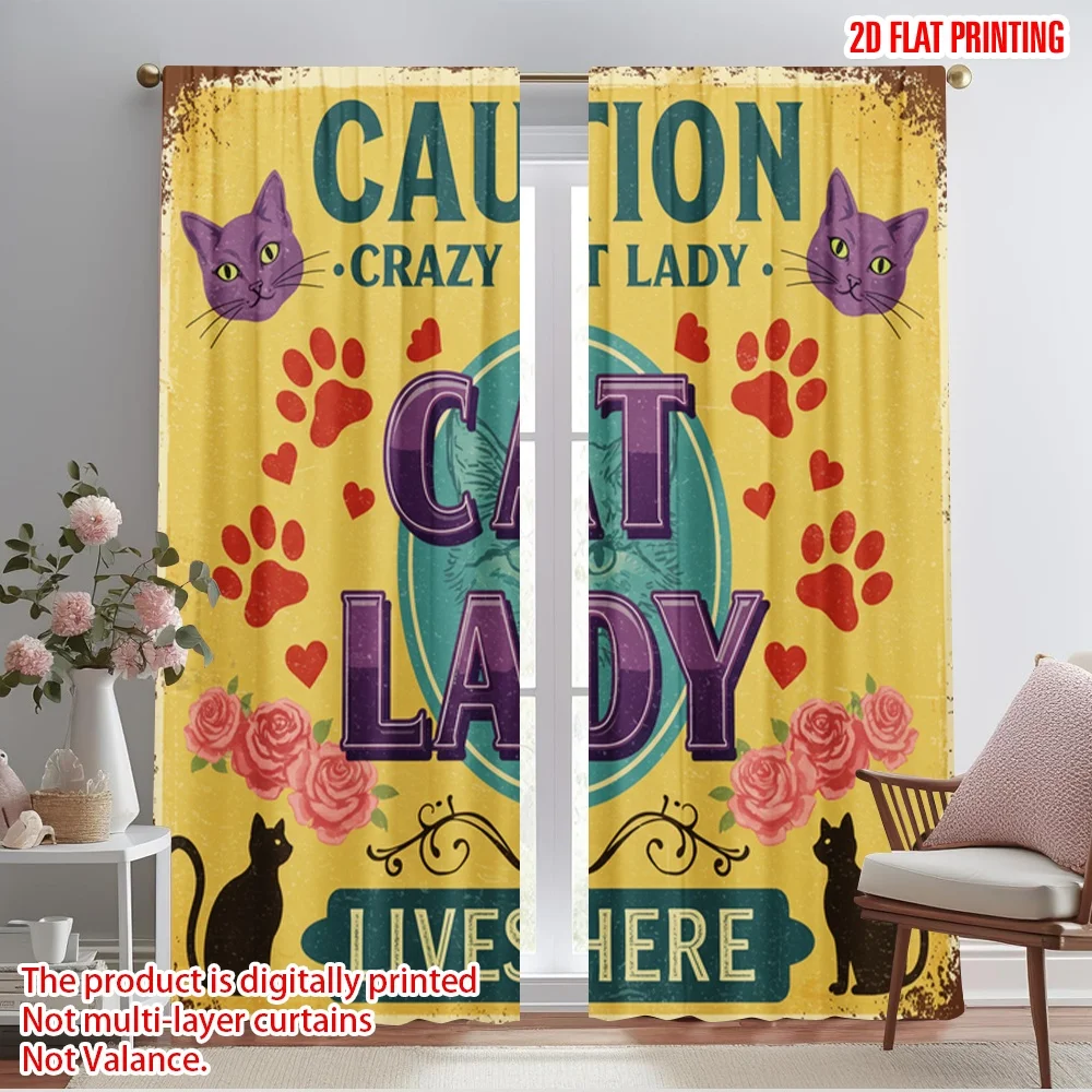 

2pcs 2D flat printing Curtain Crazy Cat Lady Vintage Polyester Without Electricity Festive Holiday Use for Holiday Decor