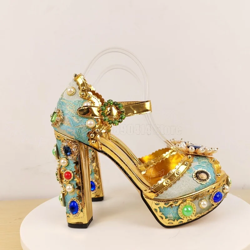 Embroidery Design Crystal Beads Platform Sandals Buckle Strap Women Shoes Chunky High Heels Party Feast 2025 Zapatos Para Mujere