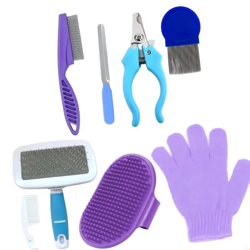 Routine Pet Grooming Tool Set of 8 with Brush Glove and Comb for Small Animal J0MC