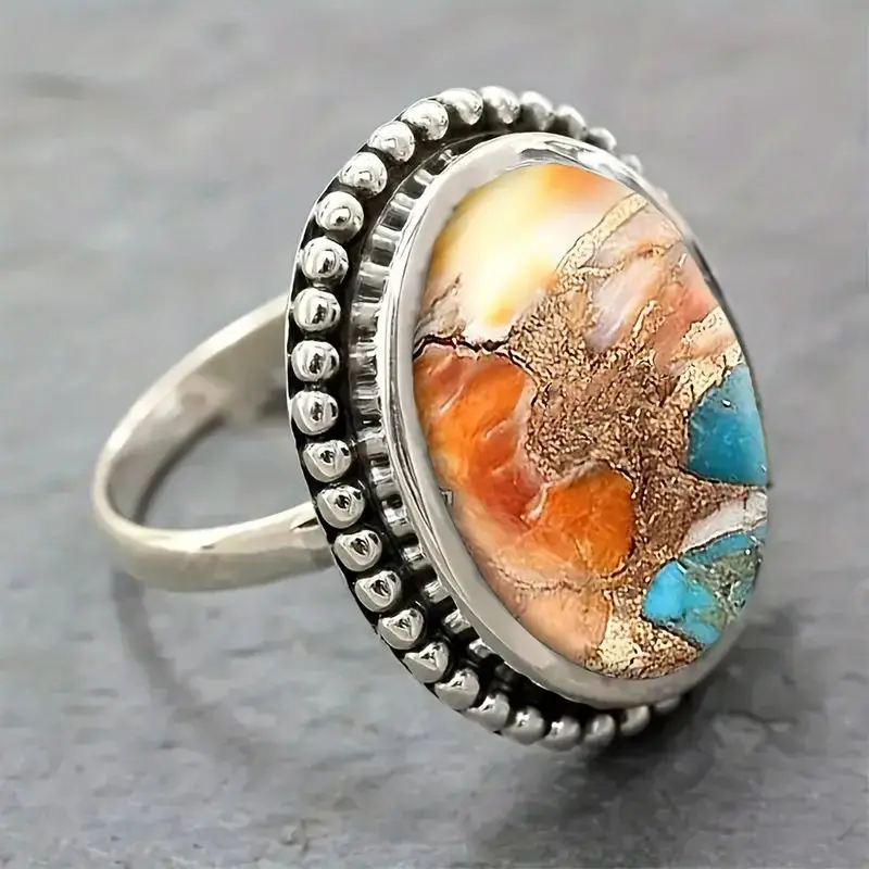 1pc Bohemian Style Retro Oval Colorful Resin Ring, Birthday Anniversary Gift For Friend