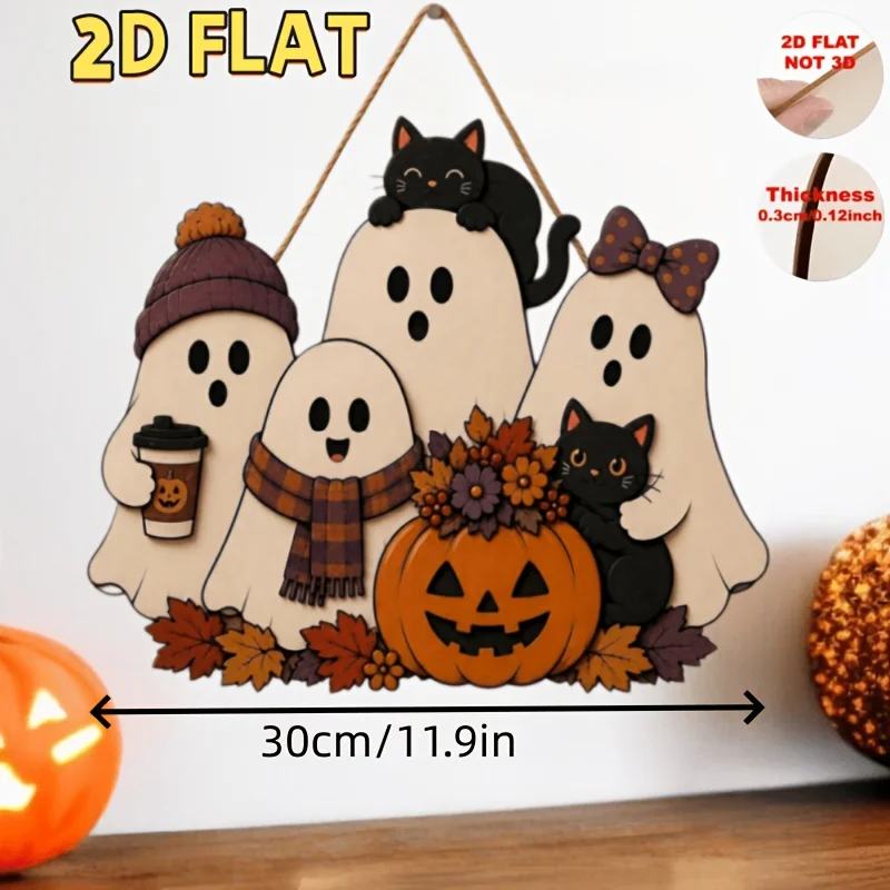 2D Halloween Wooden Sign Cute Cat Door Hanger Autumn Pumpkin Decoration Spooky Season Wall Decor Fall Porch Halloween Decor
