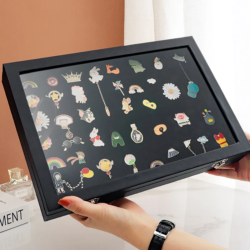 PU Leather Bar Badge Storage Box Transparent Dust-proof Display Stand for Pins Medals Jewelry Collection Frame