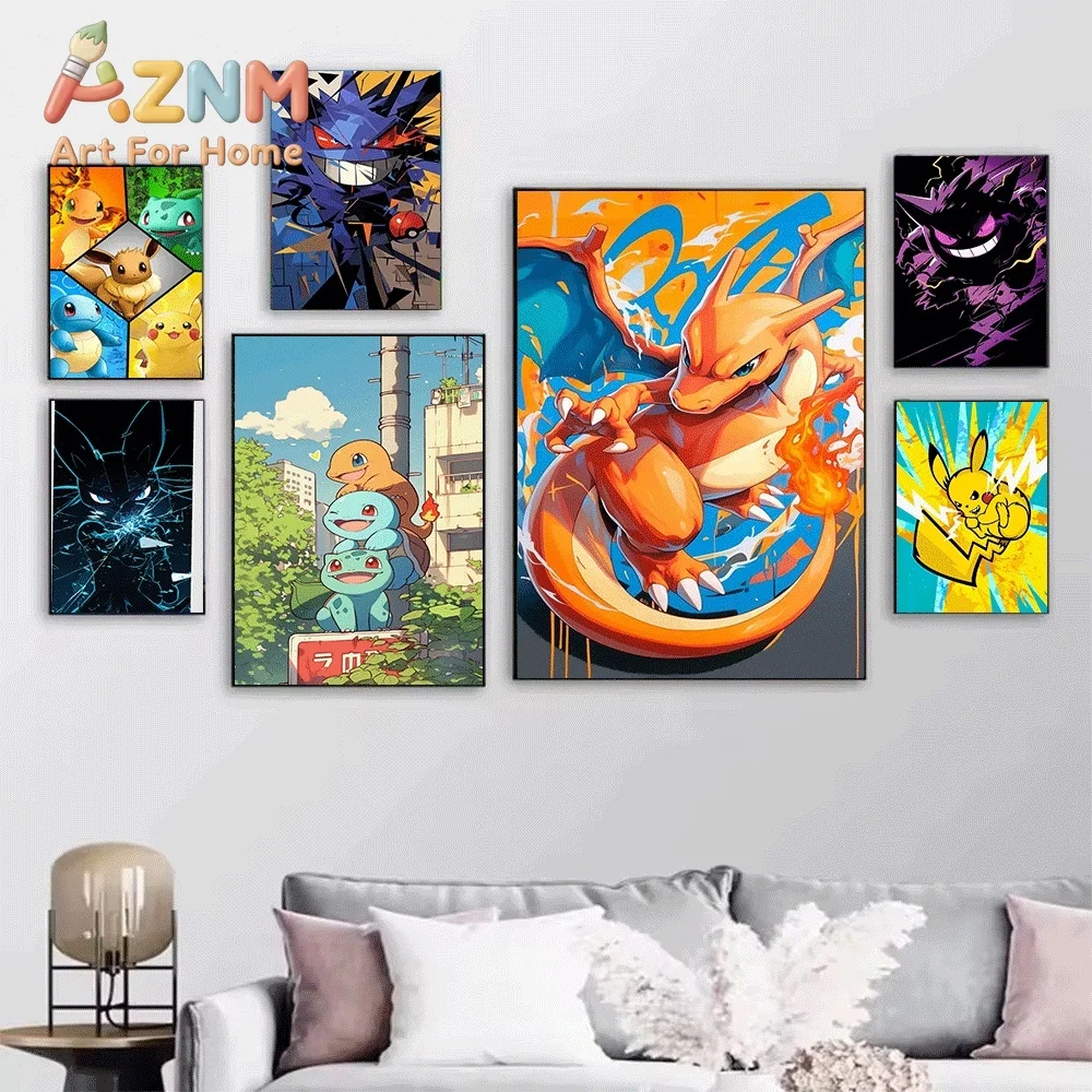 Sunset Group Pokemon Trainer Ash Canvas Wall Art No Frame Anime Print Poster Painting for Kids Bedroom Living Room Home Wall D