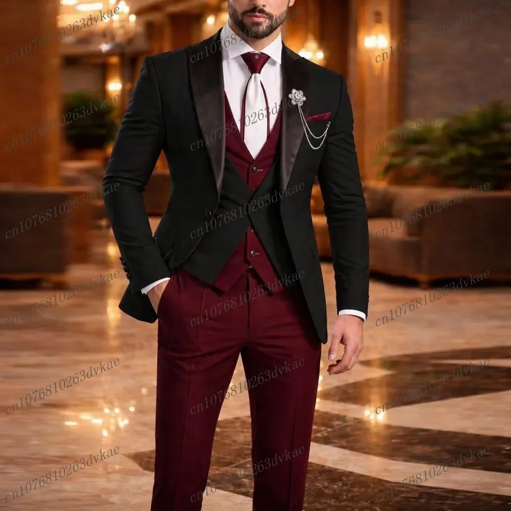 

Formal Burgundy And Black Men Suit Wedding Party Groom Groomsman Prom Business Male Tuxedos 3 Piece Set Jacket Vest Pants