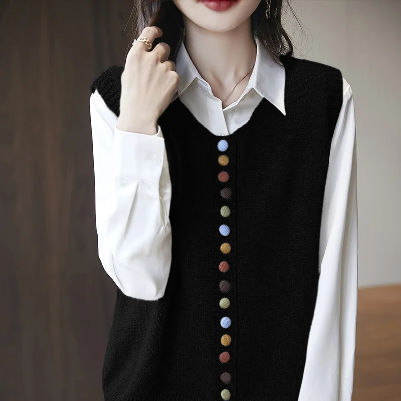 2024 New Spring And Autumn Female Vest Fashion Casual Sleeveless Sweater Vest Cardigan Waistcoat Solid color Tops