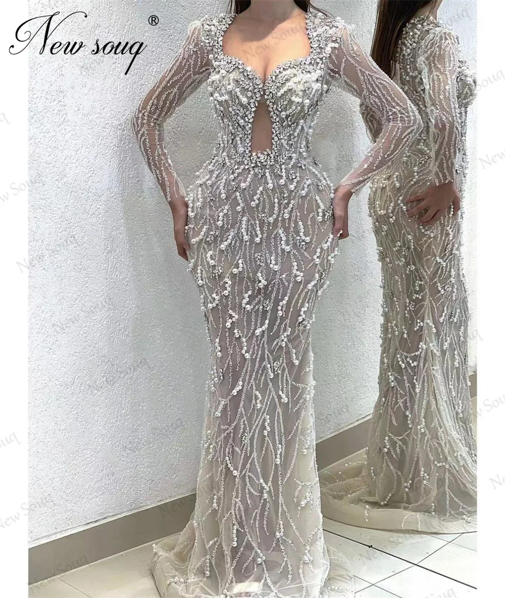 Middle East Long Sleeves Prom Dresses Haute Couture V Neck Pearls Evening Dress Dubai Crystals Mermaid Party Gowns For Women