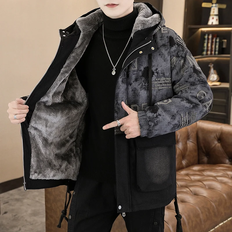Fashion Men's Hooded Thicken Fleece Jackets Winter Casual Plush Warm Coats Youth Outwear Windproof Cotton Denim Parkas Clothing
