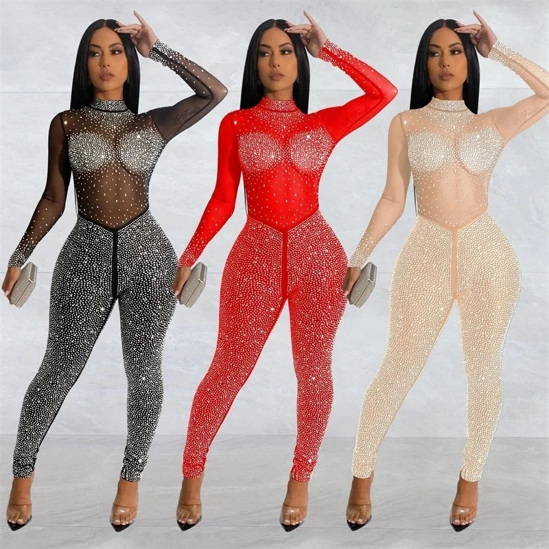Women Sexy Sheer Mesh Pacthwork Long Sleeve Rhinestone Decor Skinny Jumpsuit