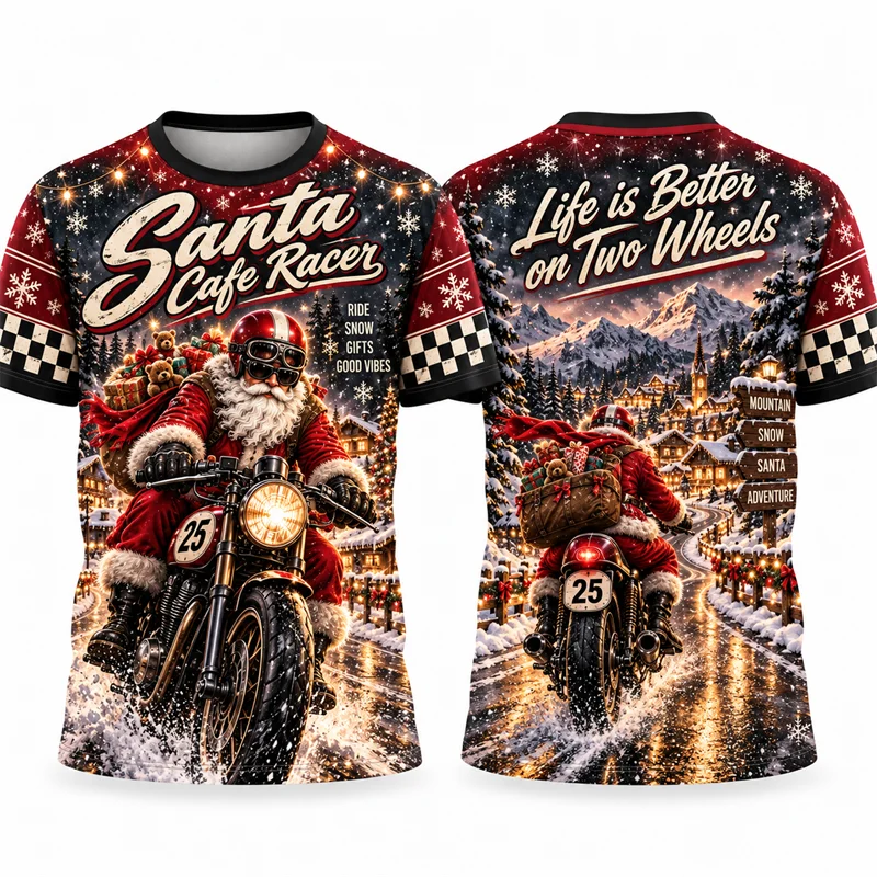 Christmas Motorcycle T Shirt Men Santa Biker Cafe Racer Graphic Short Sleeve Xmas Holiday Vintage Streetwear Casual Top Fashion