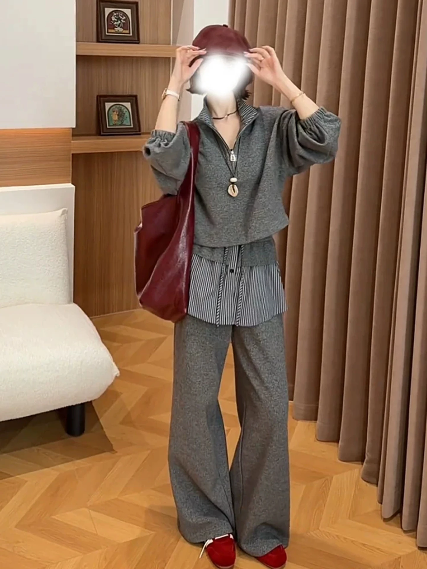 Spring 2026 Korean Style Stand Collar Half Zipper Hoodie Stripe Wide Leg Pants Two Piece Set Women Trendy Casual Fashion