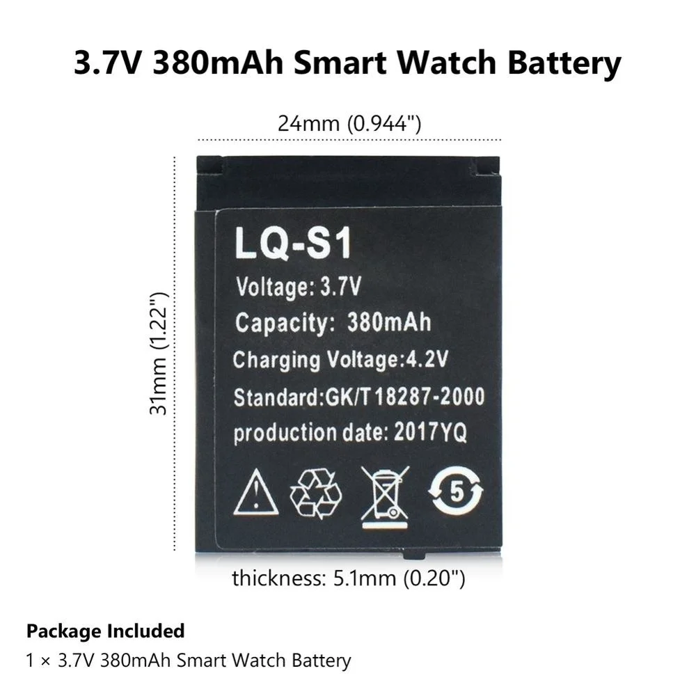 LQ-S1 3.7V 380mAh GTF Smart Watch Battery GTF Durable lithium Rechargeable Battery For Smart Watch QW09 DZ09 W8