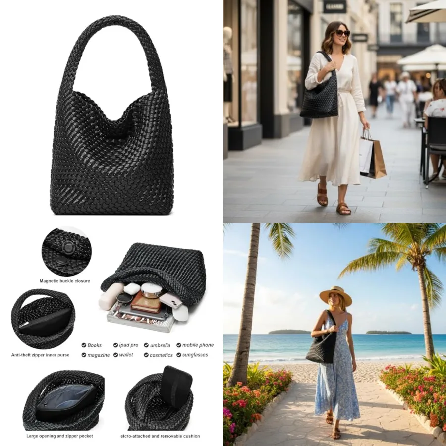 Woven Tote Bag for Women: Handmade Vegan Leather Purse for Vacation - Lightweight and Magnetic Closure for Daily Use