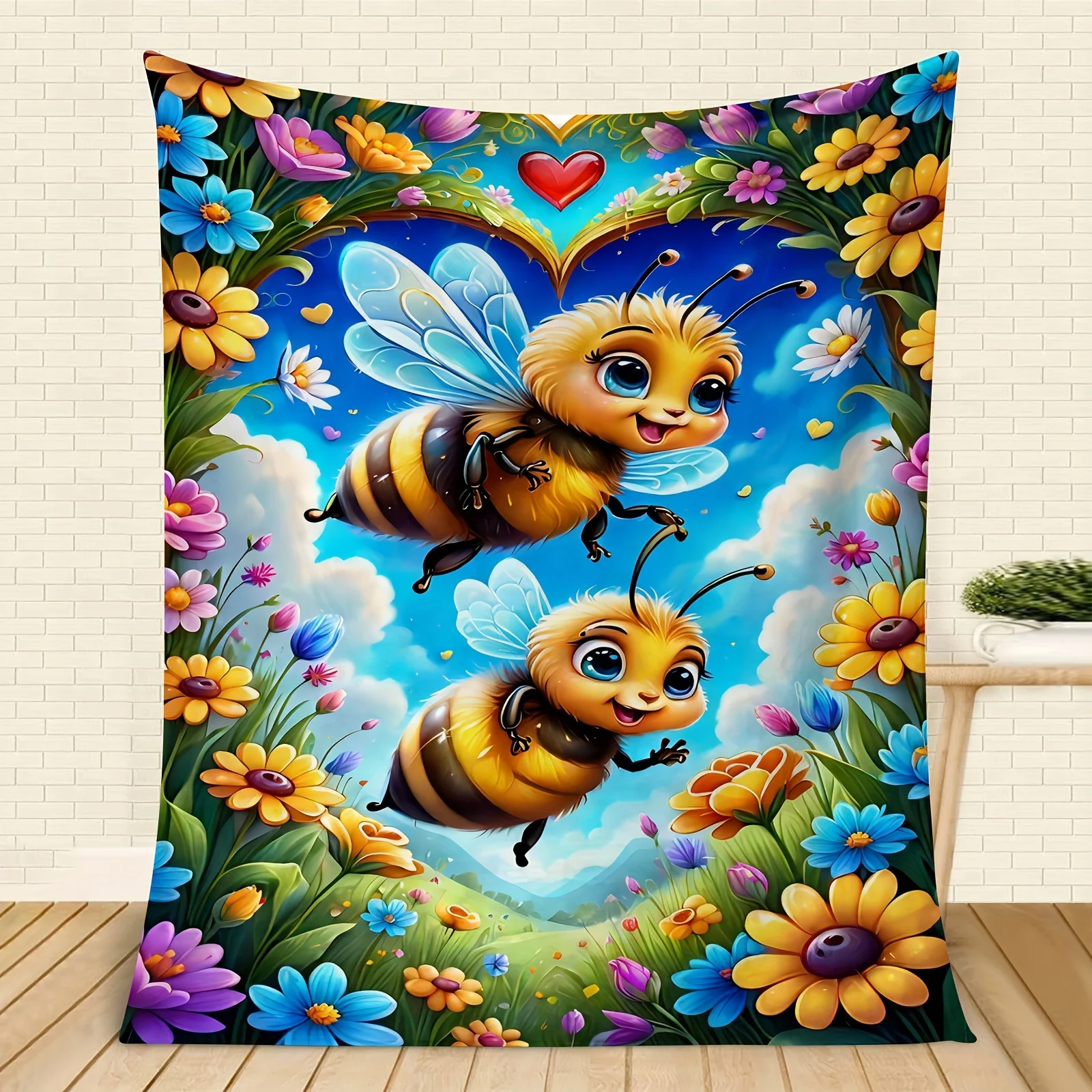 Cozy Bee Themed Flannel Throw Blanket Soft Warm Versatile, for Couch Bed Office Travel, Machine Washable All Seasons