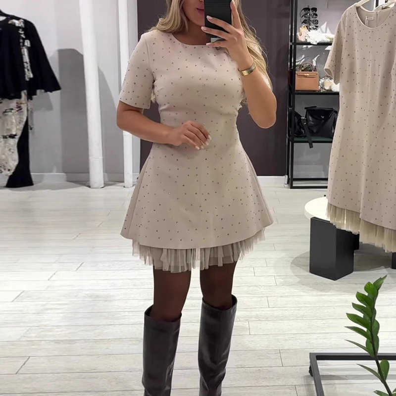 2026 Spring Fashion Diamond Patchwork Mesh Mini Dress Woman Elegant O Neck A-Line Dress New Summer Short Sleeve Slim Party Dress