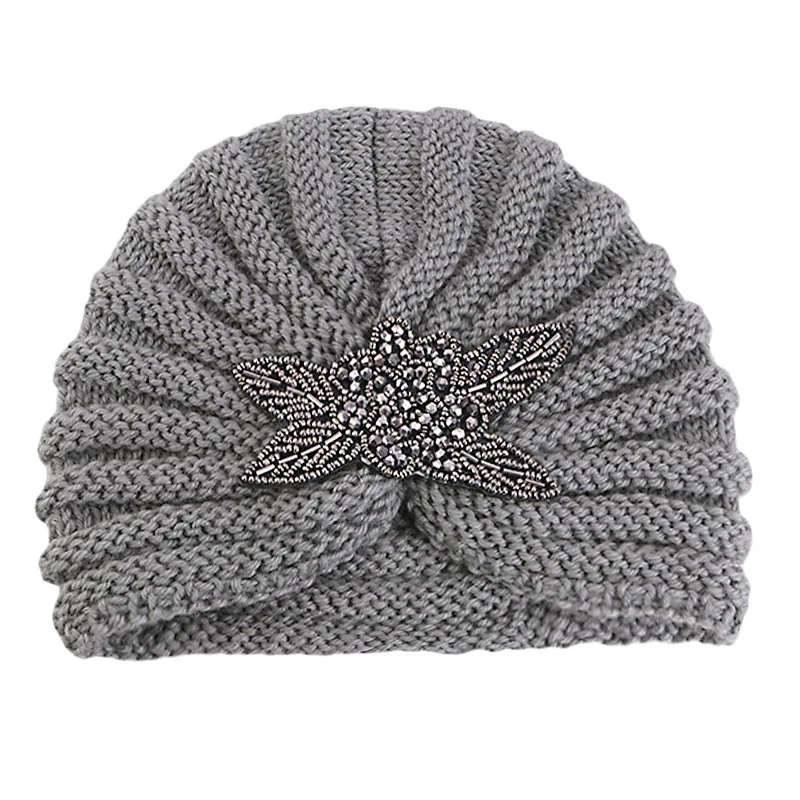 2023 New Round Bead Accessory Hat Women Wool Knitted Hats Bohemian Hijab Cap Autumn and Winter Silver Diamond Jewelry Bonnet