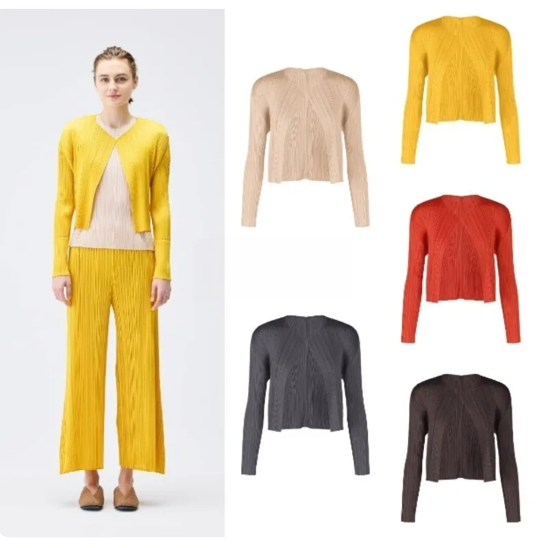 

Miyake плиссированный женский кардиган 2021, весна и лето, новая короткая куртка, плиссированный однотонный кардиган с длинными рукавами, повседневные простые топы