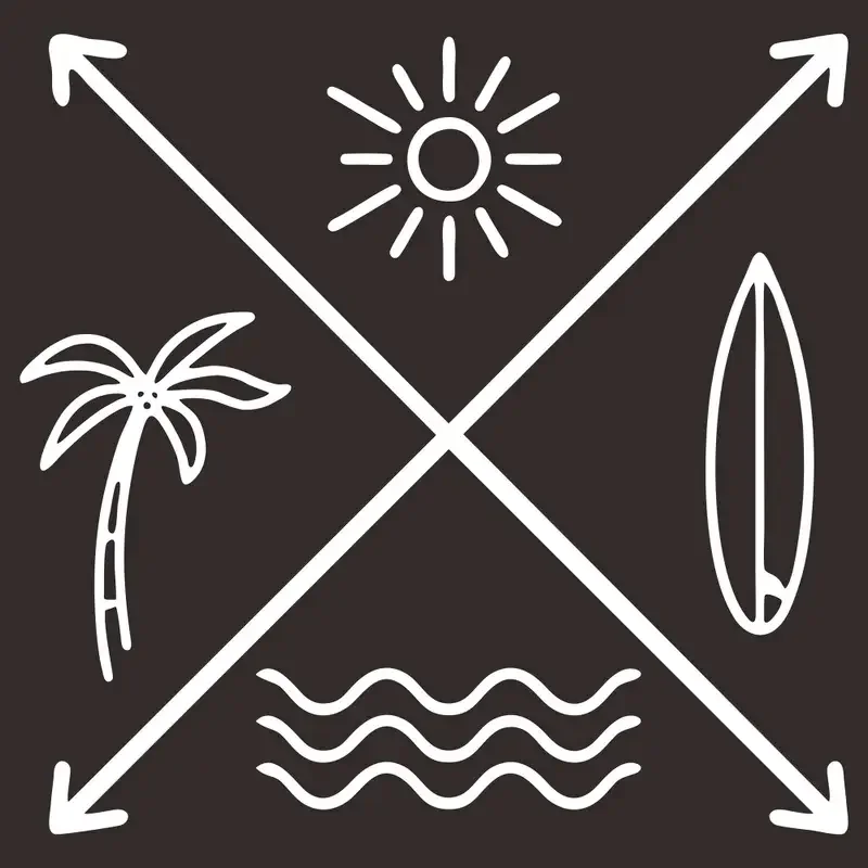 2D Flat Stickers Featuring Tropical Surfing with Cross Arrows for Cars - Designs of Surfboards, Ocean Waves, And Palm Trees - Su