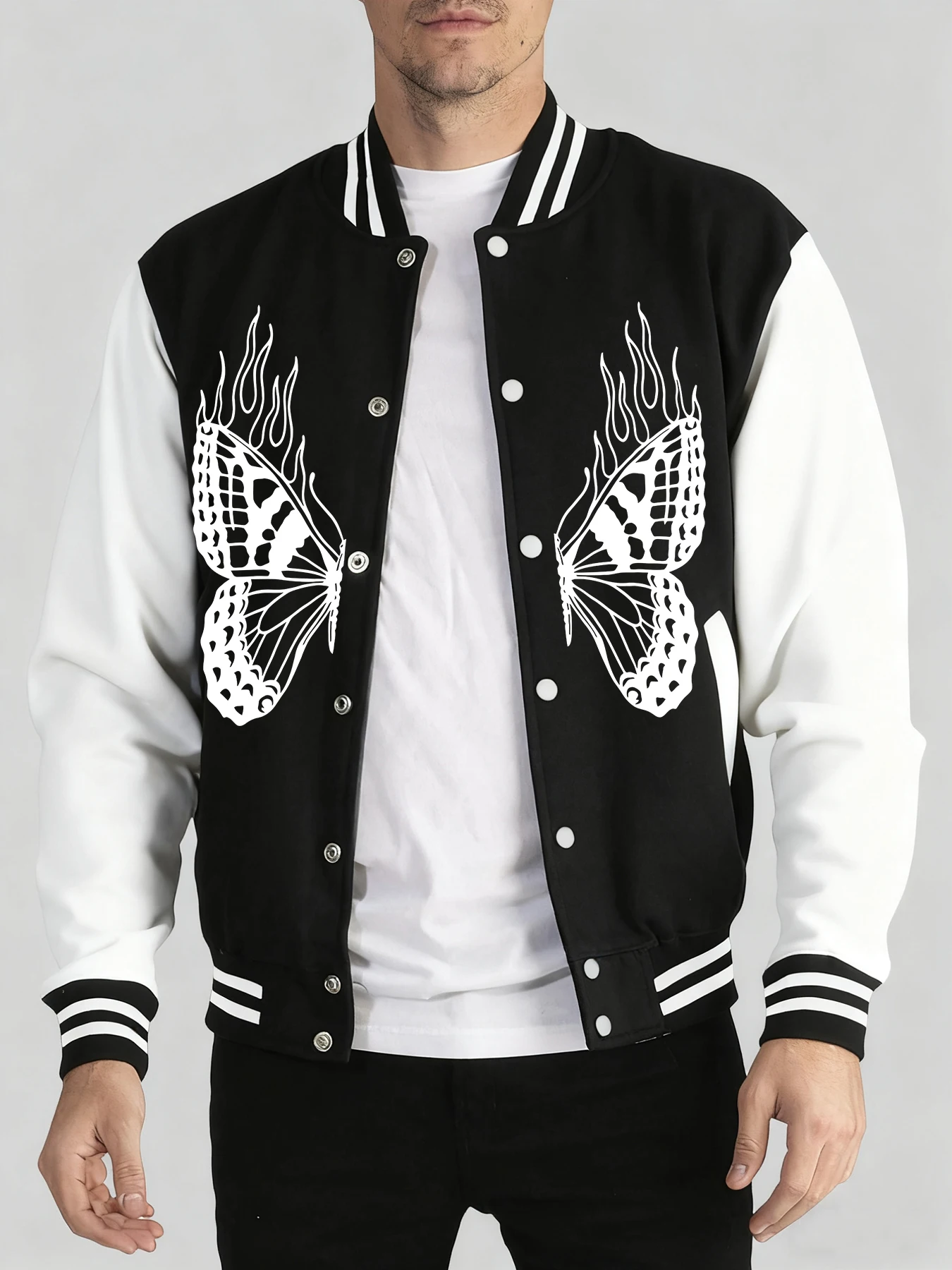

Creative Flame Wings Butterfly Print Unisex Streetwear Oversized Basics Jacket Comfy Casual Tops Autumn Winter Baseball Uniform