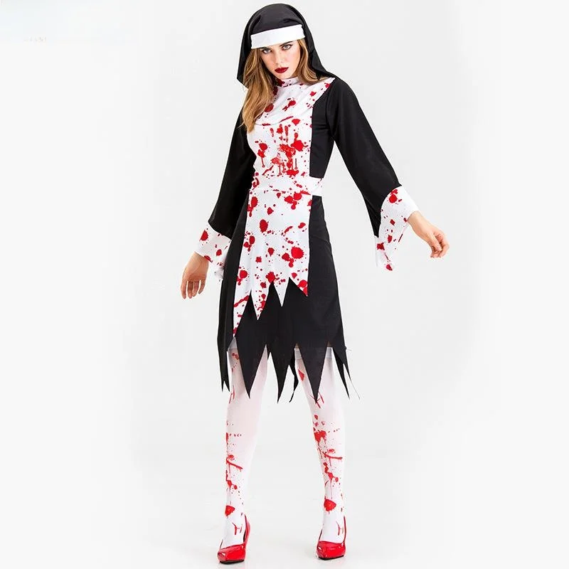 Loween Par diable sang sorcière Dr Bla blanc épissage ourlet irrégulier Costume femme Festival célébration tenue