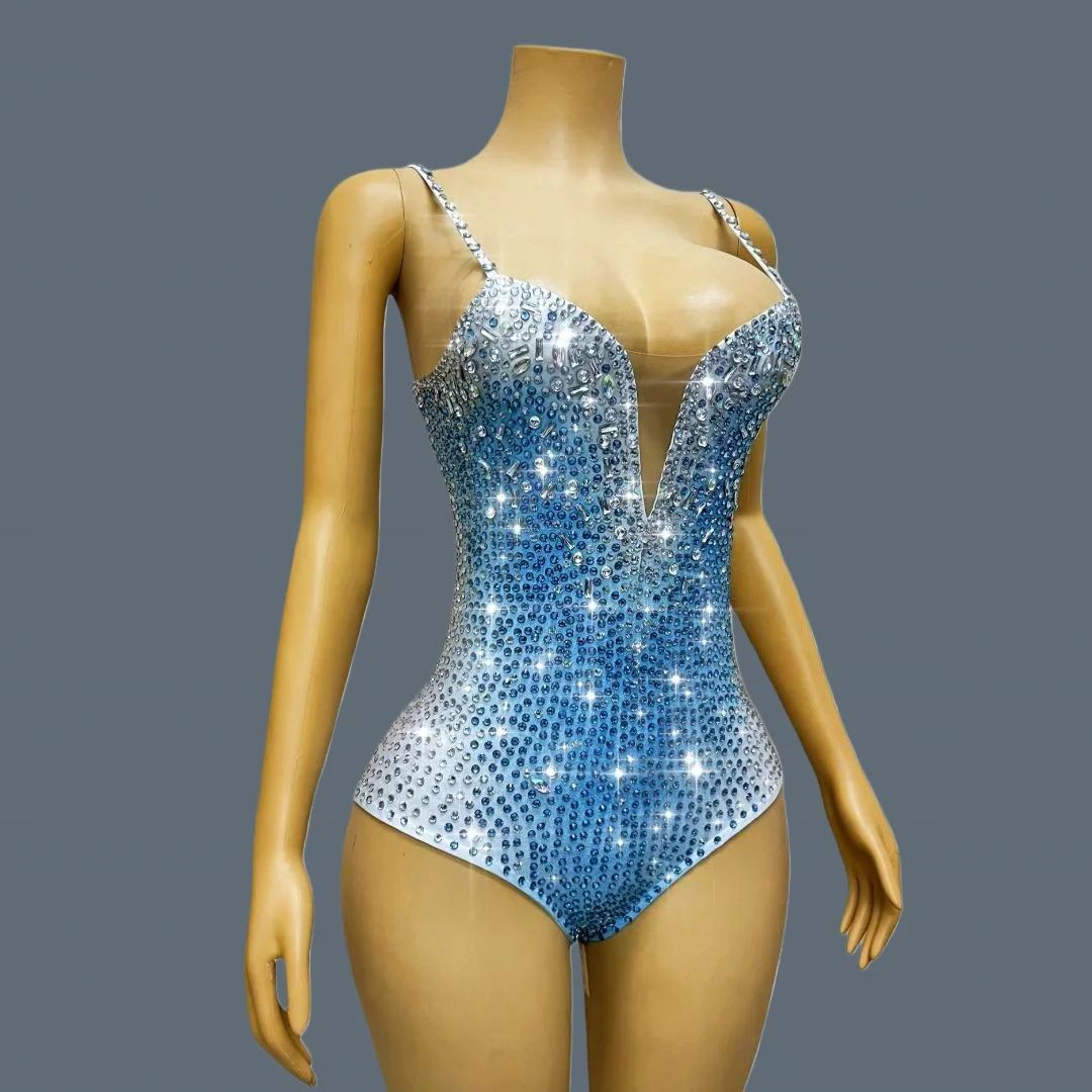 Wysokiej jakości, błyszczące, zdobione kryształkami strój taneczny typu stringi, jednoczęściowy, seksowny strój na występy taneczne, głęboki dekolt, strój dla showgirl, Bingqilin