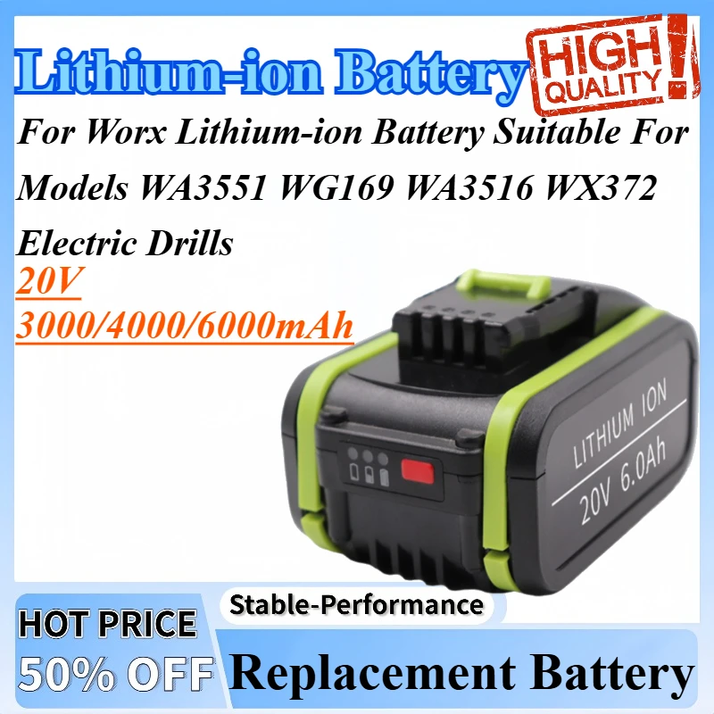 

20V 3/4/6Ah Rechargeable Battery For Worx Lithium-ion Battery Suitable For Models WA3551 WG169 WA3516 WX372 Electric Drills