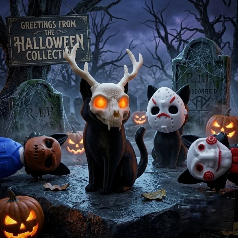 Halloween 3D Printed Spooky Black Cat Figurine Creepy Mask Gothic Desktop Statue Ornament Holiday Party Collectible Decor Gift