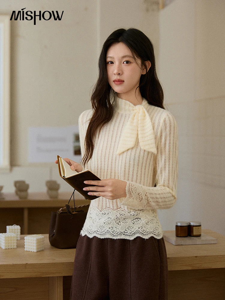 MISHOW French Lace-up Bottom Tops Women Autumn Winter 2025 Korean Vertical Stripe Knitted Top Thickened Interior Tops MXE92Z2797