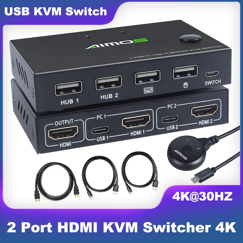 AIMOS USB HDMI KVM-переключатель, 2-портовый KVM-переключатель 4K при 30 Гц, для 2 компьютеров Share HD-монитор, клавиатура-мышь