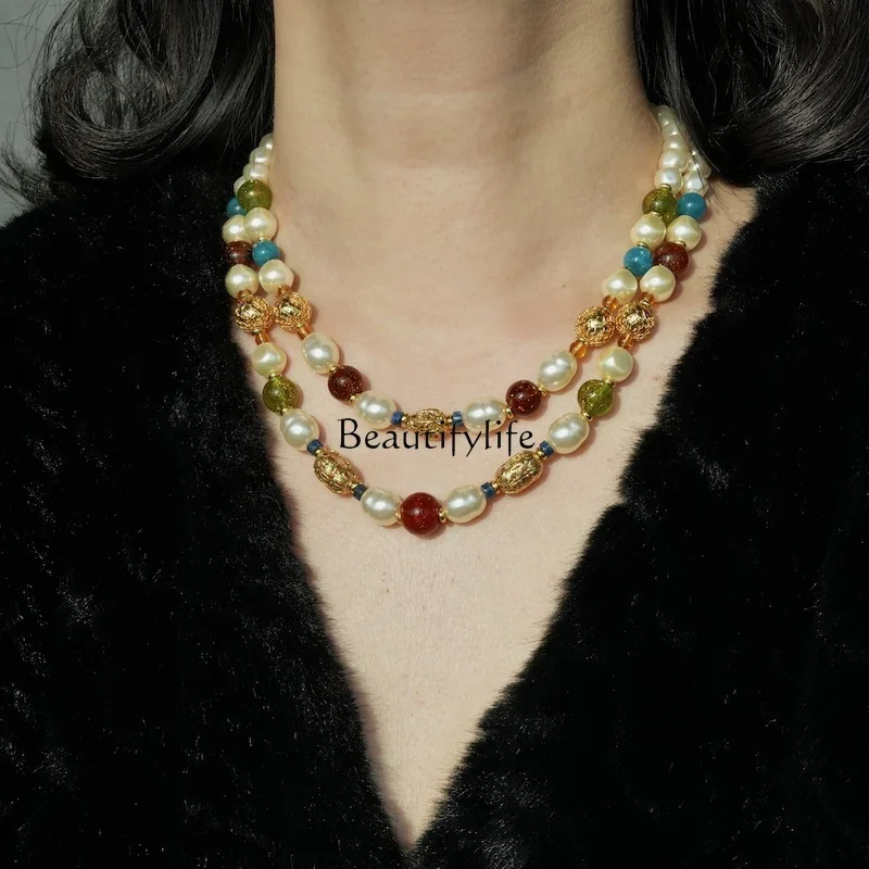 Vintage Color Double Glazed Pearl Necklace Gold Ball Clavicle Chain Flowering