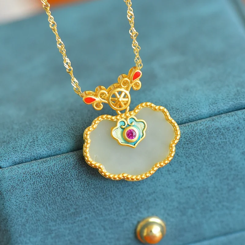 الطبيعية Hetian الأبيض اليشم شقة Ruyi قفل قلادة S925 الفضة Linyang قلادة #3