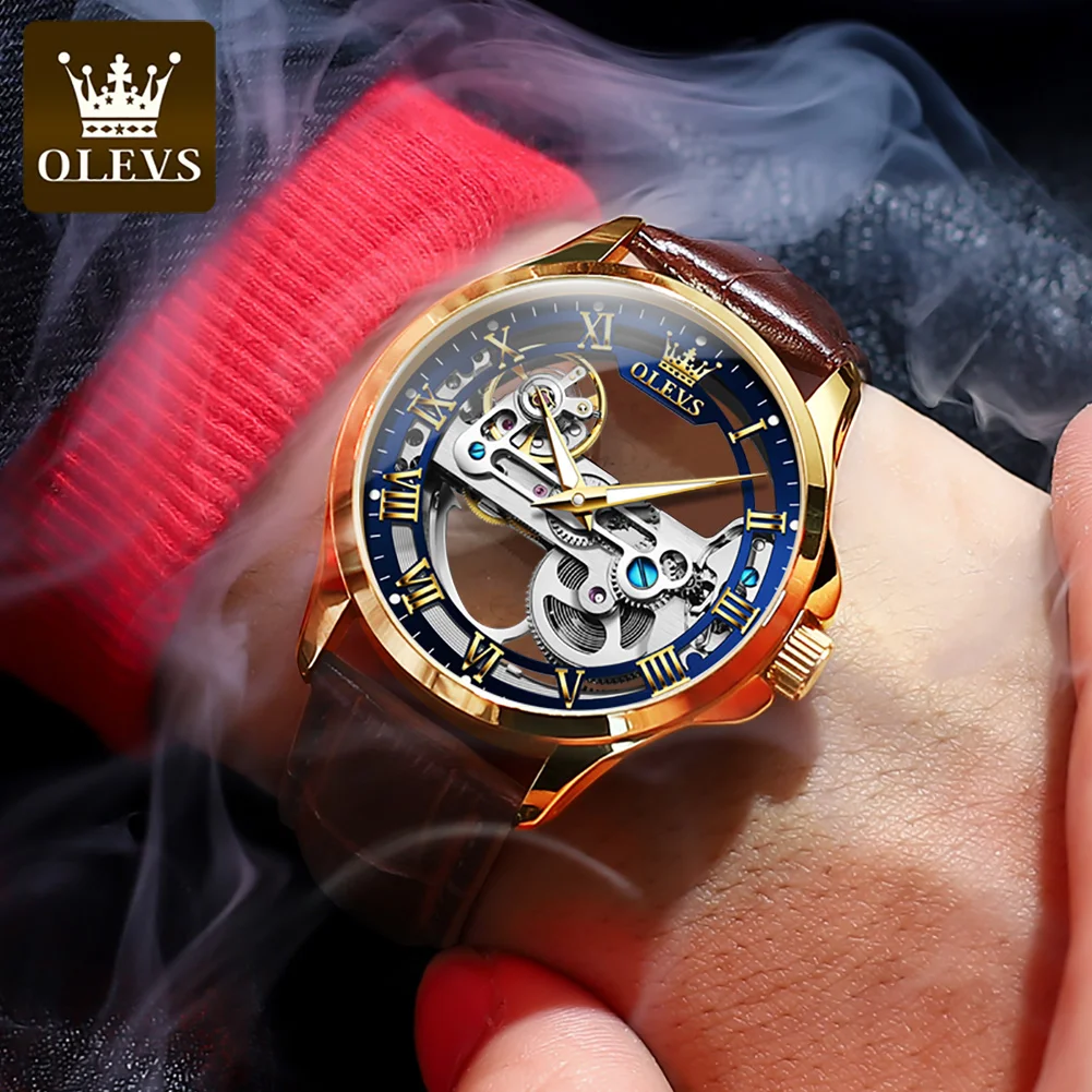 

OLEVS 6661 Casual Genuine Leather Strap Automatic Mechanical Watches For Men Luminous Hollow-carved Waterproof Male Wristwatches