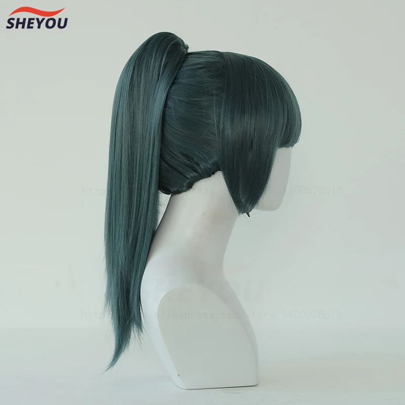 Pelucas de Cosplay de Anime Maki Zenin, cola de caballo verde oscuro, peluca de pelo sintético resistente al calor + gorro de peluca + gafas