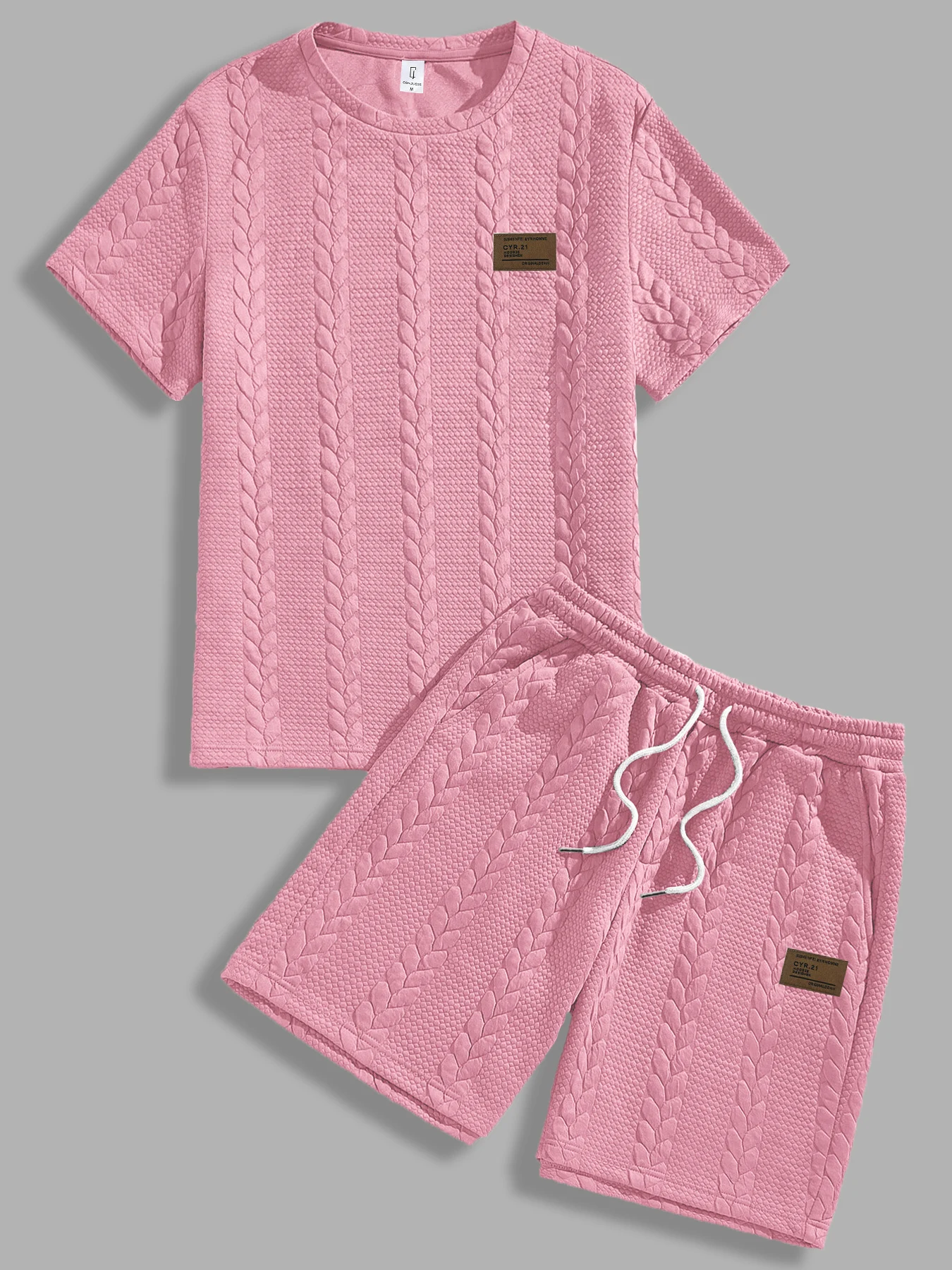 

Men's Trendy Loungewear, Pink Cable Knit T-Shirt & Matching Shorts with Label Patch